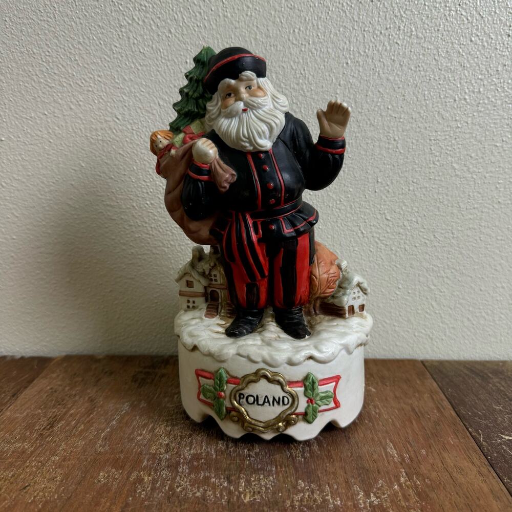 Vintage Poland Santa Black Red Suit with Toy Bag Gold Accent Music Box